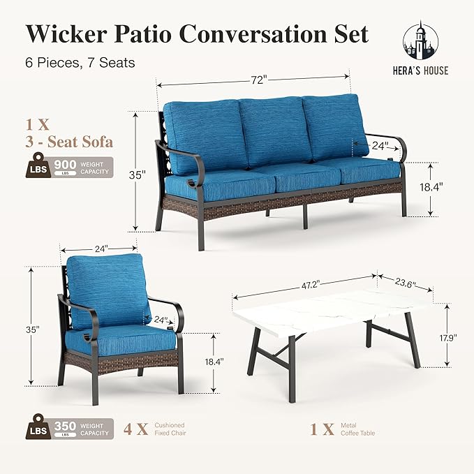 HERA'S HOUSE 6 Piece Metal Patio Furniture Set, All Weather Outdoor Conversation Set with 3-Seat Sofa, 4 Fixed Chairs & Coffee Table, 7 Seats for Backyard, Garden, Deck, Pacific Blue