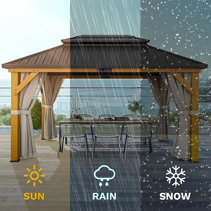 DWVO 13X15FT Gazebo Wood Outdoor Wooden Frame Double Roof Hardtop Galvanized Steel Top Canopy w/Curtain and Netting, Patio Heavy Duty for Deck, Backyard, Beige Yellow