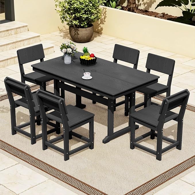 7-Piece HDPE Outdoor Patio Dining Set,Modern Plastic Dining Sets，Patio Table and Chairs Set with Umbrella Hole Cut-Out Table and 6 Chairs Black