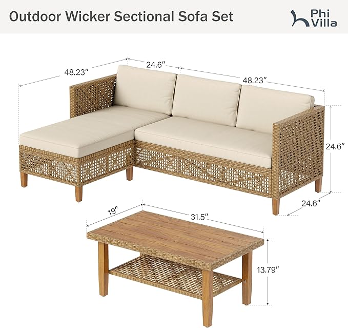 PHI VILLA Outdoor Sectional Couch, Wicker Patio Furniture Set with Cushions and Acacia Wood Coffee Table, L-Shape Small Outdoor Corner Sofa Set for Deck or Porch, 4 Seats, Beige