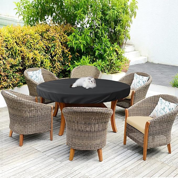 Outdoor Round Table Cover Waterproof UV-Resistant for 54 Inch Diameter Patio Tables - Heavy Duty Weatherproof Table Top Protector with Elastic Hem (Black)