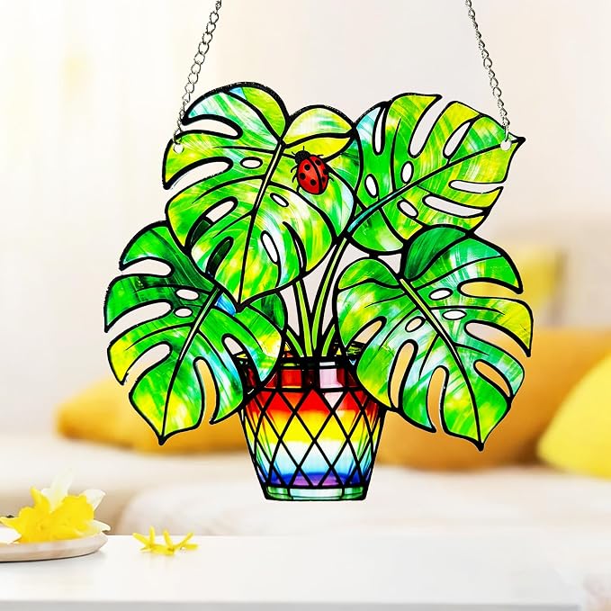 Plant Suncatcher Glass, Stained Glass Suncatcher Plant Window Hanging, Unique Nature Lover Gifts Leaf (Monstera)