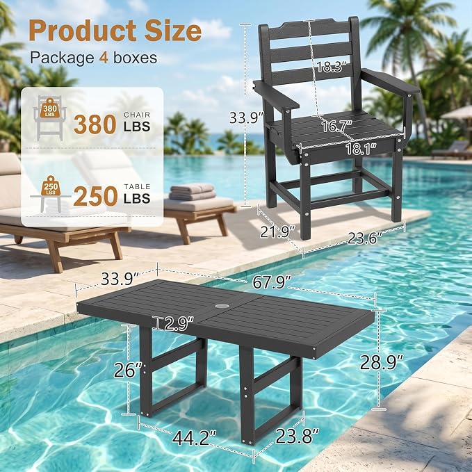 10 Piece Outdoor Dining Set All Weather HDPE Patio Table and Chairs Set for 8 with Umbrella Hole Outdoor Furniture for Deck, Backyard, Garden (Black)