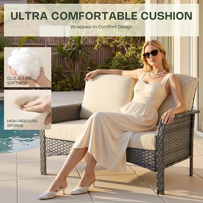 7-Piece Patio Furniture Set, Outdoor Wicker Furniture with Coffee Table, High Back Swivel Rocker Patio Chairs, Modern Rattan Outdoor Chairs Conversation Set for Porch, Balcony, Garden, Beige