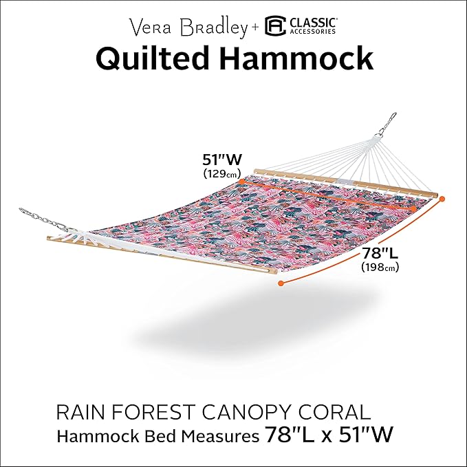 Classic Accessories for Vera Bradley Water-Resistant Quilted Hammock, 78 x 51 Inch, Rain Forest Canopy Coral