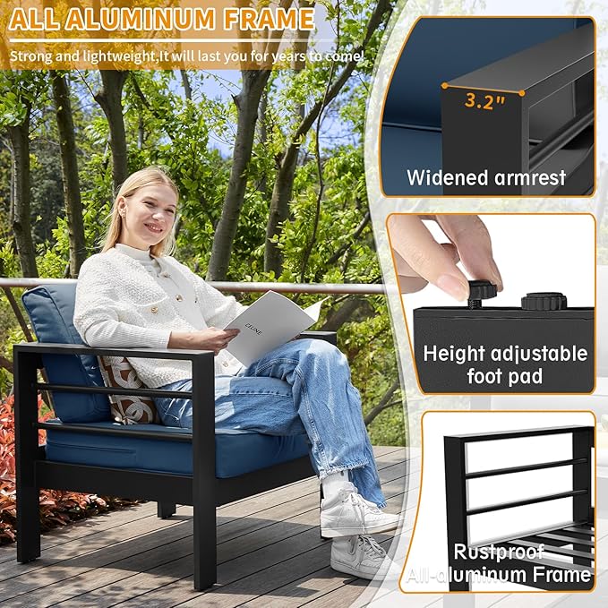 Aluminum Patio Furniture Set, Single Chair Outdoor Set with 5 Inch Cushions, Patio Sofa Sets with Waterproof Covers for Backyard Garden(Grey&Blue)