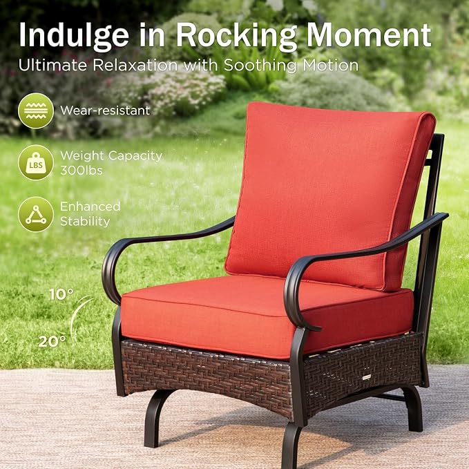 PHI VILLA Patio Furniture Set, Extra Large Wicker & Metal Outdoor Conversation Set Patio Sectional Sofa Set with Rocking Chair & Waterproof Thick Cushions for Porch, Poolside, Deck(7 Pieces, Red)