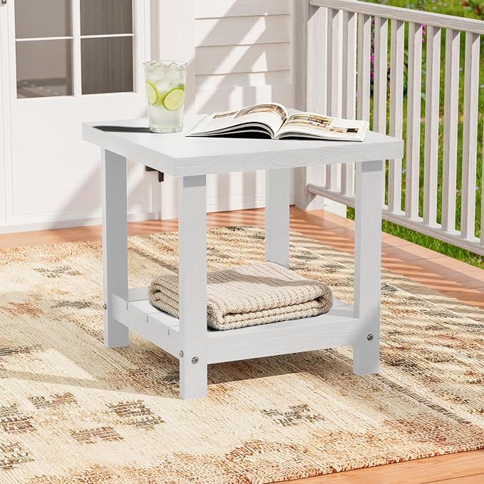 2-Tier HDPE Outdoor Square Side Table, Heavy-Duty Patio Side Table with Storage Shelf, Weather-Resistant Adirondack End Tables for Backyard, Pool, Porch, Garden, Lawn, White