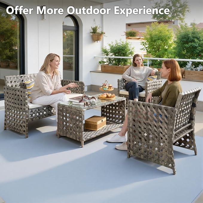 HOOOWOOO 4 Pieces Patio Furniture Set,PE Wicker Outdoor Conversation Sets,Weather Resistant Loveseat with High Back Chairs Table for Porch Balcony Yard Deck,Beige