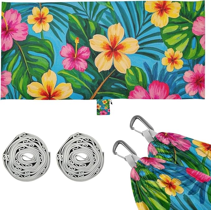 Colorful Summer Hawaiian Flowers 330lb Capacity Camping Hammocks with Hanging Rope Swing Hammock for Outside Patio Garden amacas para patios con Base de adultos