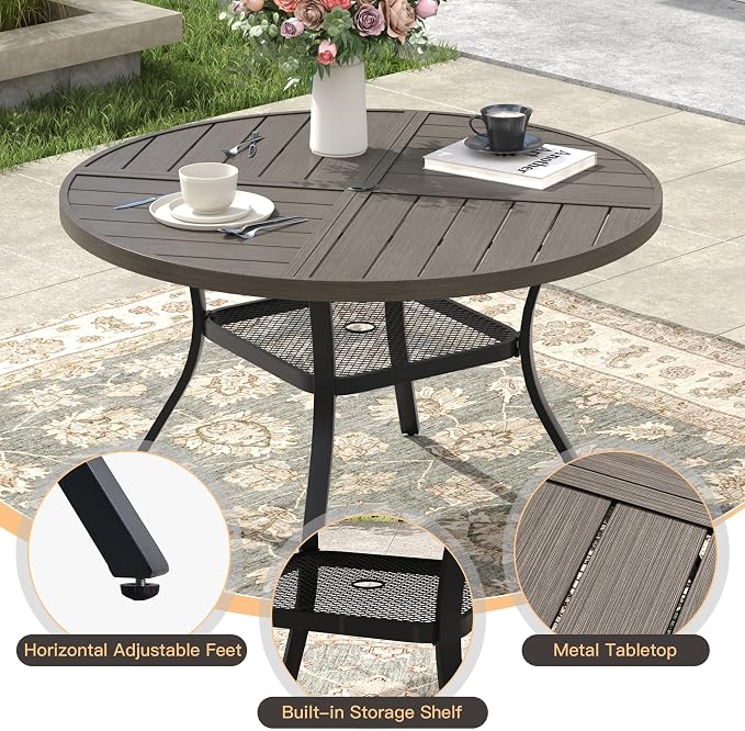 Outdoor Dining Set for 4, 40.7" Metal Round Outdoor Dining Table with Umbrella Hole and Sling Patio Swivel Chairs, 5 Pieces Patio Table and Chairs Set for Garden Backyard, Grey