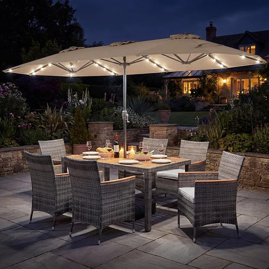 Tangkula 9 Pieces Rattan Outdoor Dining Set with 13Ft Solar Patio Umbrella for 6, Outdoor Wicker Table Set with 8 Cushioned Chairs, Acacia Wood Top, Outdoor Umbrella with Base Included