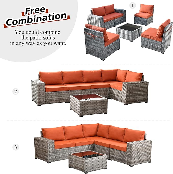 HOOOWOOO Outdoor Patio Sectional Furniture Sofa Set with Widened Armrest,6 Piece Small Modern Wicker Couch,Modular L Shaped Conversation Seating Set with Table for Out Door Garden Corner(Orange Red)