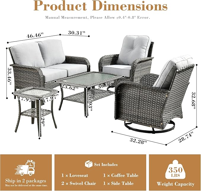 5 Pieces Patio Furniture Set, All Weather Rattan Patio Conversation Sets with Swivel Rocking Chairs, Coffee Table, High Back Outdoor Furniture Loveseat for Porch, Backyard,Grey