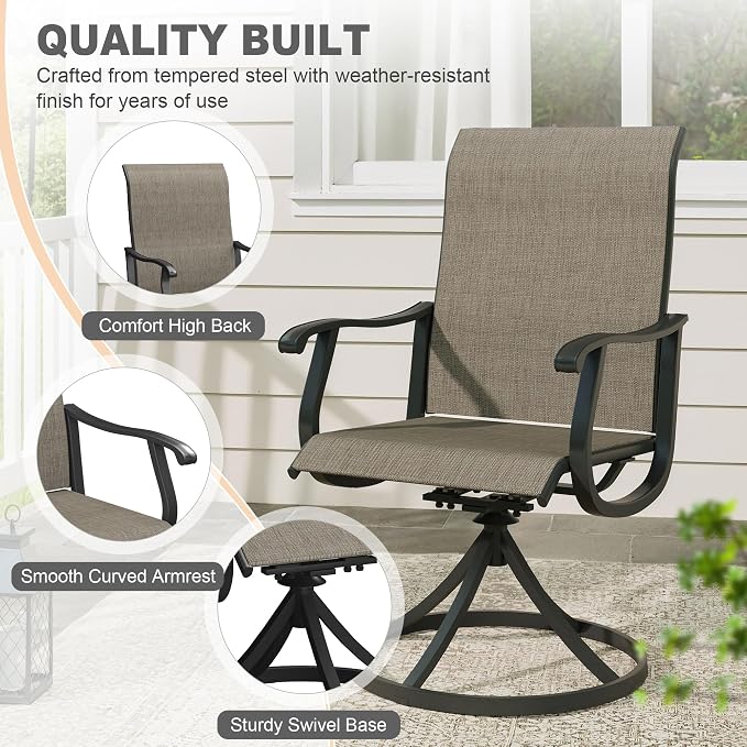 VICLLAX Patio 7 Pieces Outdoor Dining Set, 47.2" Round Metal Table with Umbrella Hole and Storage Shelf, 6 Swivel Textilene Chairs for Lawn, Garden, Porch, Walut/Brown