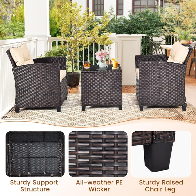 3-Pieces Patio Furniture Set, PE Wicker Chairs Sofa Set with Removable Cushions & Glass Top Side Table, Outdoor Wicker Rattan Conversation Chair for Porch,Backyard, Balcony (Light Yellow)