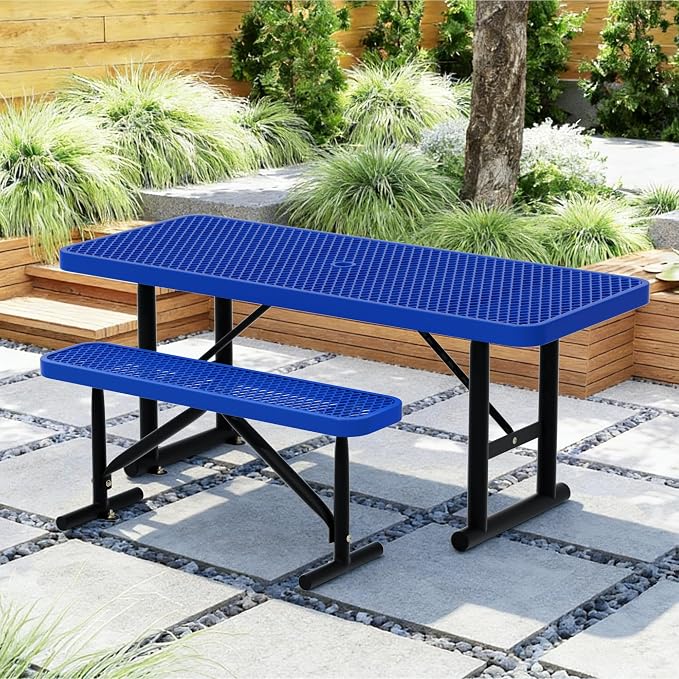 4FT Picnic Tables for Outdoors, Blue Rectangular Heavy Duty Commercial Picnic Table with Umbrella Hole, Weather-Resistant Camping Table Dining Table for Backyard, Patio, Garden, Shops, Parks
