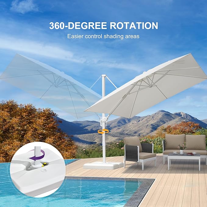 PURPLE LEAF 8 FT Patio Umbrella With Base White Cantilever Umbrella Square Outdoor Offset Umbrella Windproof with 360° Rotation for Garden Deck Pool, White