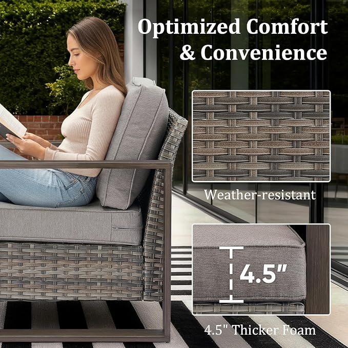 High Back Patio Furniture Set with Fire Pit Table, 4-Pieces Outdoor Furniture with Metal Arm Swivel Chairs, Wicker Conversation Set for Porch, Balcony, Deck and Yard, Grey/Grey