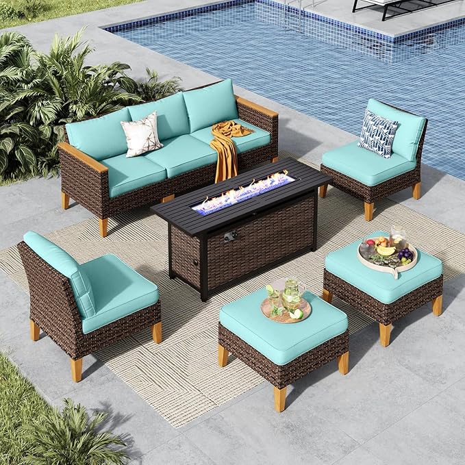 MFSTUDIO 7 Piece Extra Large Wicker Patio Furniture Set with 56" Fire Pit Table, All-Weather PE Rattan Patio Sectional Sofa Conversation Set with 50000 BTU Fire Pit Table & Aqua Blue Cushion