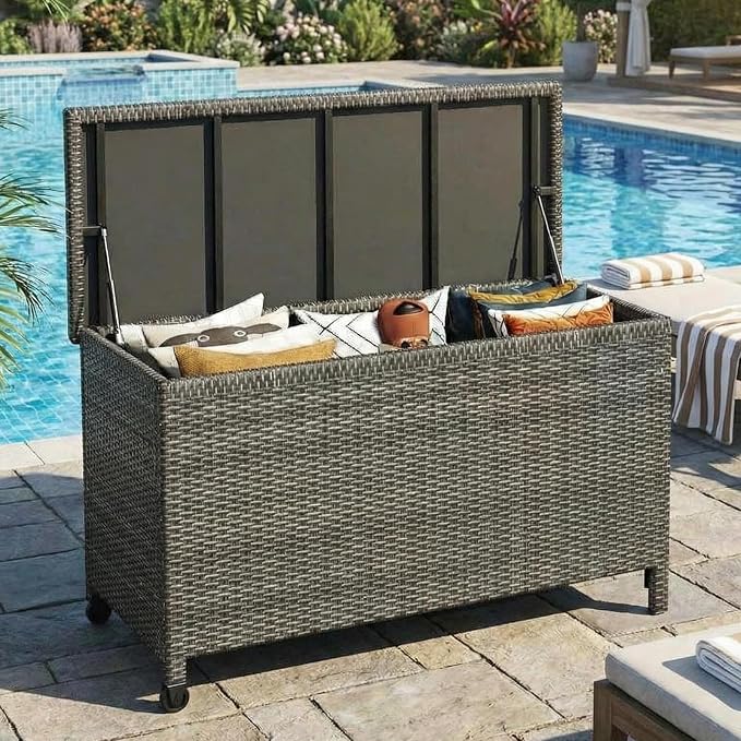 185 Gallon Wicker Deck Box, All-Weather Outdoor Storage Bin with Rattan Finish, for Patio Furniture, Cushions, Pool Supplies & Garden Tools (Gray)
