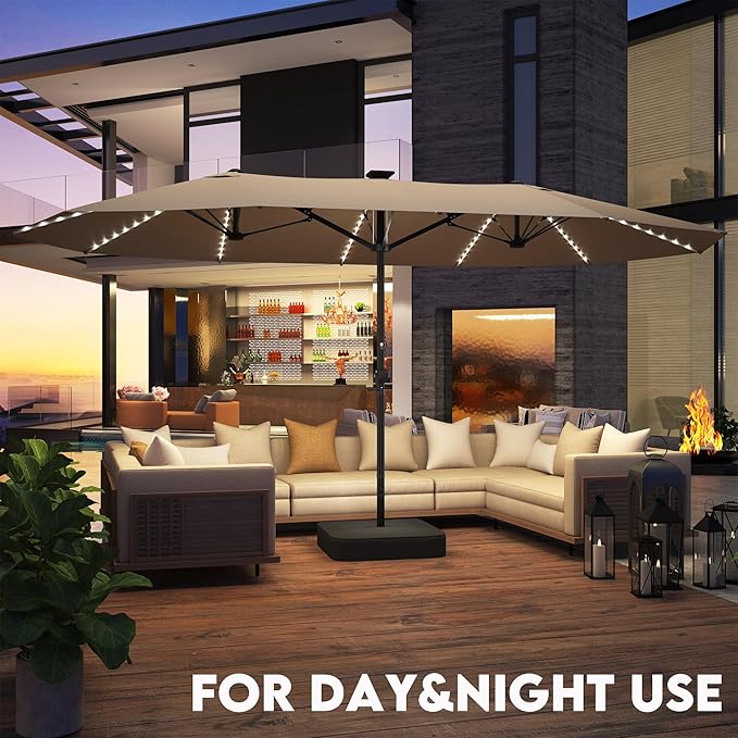 GDPFN 13ft Large Patio Umbrella with Solar Lights, Outdoor Double-Side Rectangular Umbrella with Base Included, Backyard Pool Umbrella with LED Light for Deck, Outside, Market, Beige