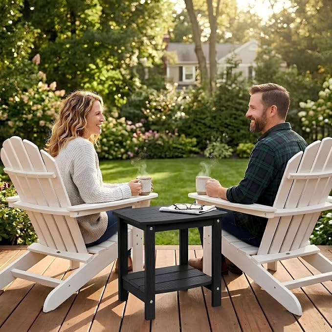 Y&M Outdoor Side Table, HIPS Adirondack Small Double Layer Table, Waterproof Square Outside Table, Balcony Modern End Tables for Patio, Pool, Beach, Porch, Deck, Indoor or Outdoor Use, Black