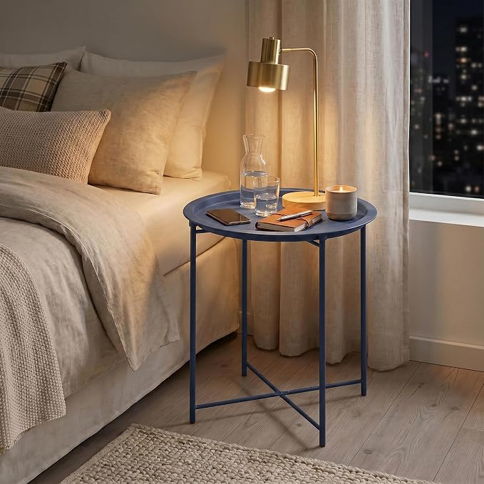 VECELO Side/End Table, Folding Round Metal Anti-Rust and Waterproof Outdoor or Indoor Tray for Living Room Bedroom Balcony and Office, 2 PCS, Blue