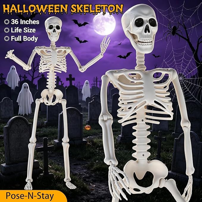 HBSTK 2 Pack 36 Inches Motion&Sound Activated Moving Jaw&Speaking&Glowing Eyes Pose-N-Stay Halloween Skeleton Life Size Full Body Posable Movable Jonints Halloween Decoration Décor