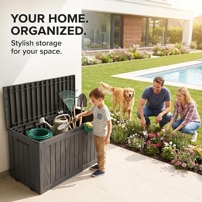 LAUSAINT HOME 230 Gallon XXL Outdoor Deck Box, Waterproof Resin Storage Box Bench with Lock, Large Patio Cushion Storage, Garden Tool Organizer, Pool Storage Container, 3-Person Seat, Light Brown