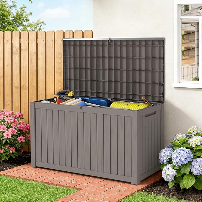 180 Gallon Waterproof Outdoor Storage Box, UV-Resistant & Lockable Lid | Resin Deck Box , Heavy-Duty Large Patio Outside Cushions for Garden Tools, Pool Accessories, Package Delivery, Chest, Toys