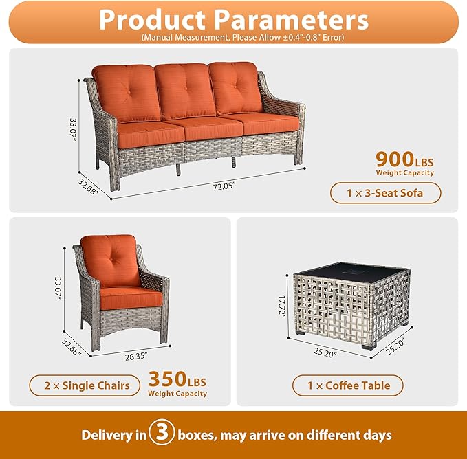 Outdoor Patio Furniture Sets, 4 PCS Patio Conversation Set Outside Rattan Sofa with Solar Light Coffee Table Comfy Cushions Fit Backyard Porch Garden Poolside Balcony,Coarse Stripes Red
