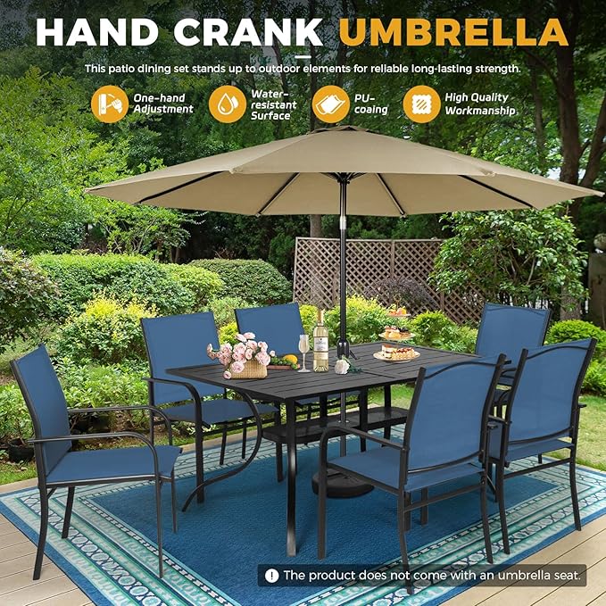 Incbruce 8 Pieces Patio Dining Set with Brown Umbrella, Outdoor Dining Set of 6 Textilene Chairs and Rectangle Table with Umbrella Hole for Backyard, Garden, and Poolside (Blue)