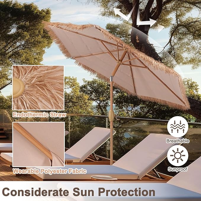 GDY 7.5ft Tiki Patio Umbrella Outdoor Table Umbrella(Optional with Light or Base), Market Umbrella,with Crank for Patio, Garden, Lawn, Deck, Backyard & Pool