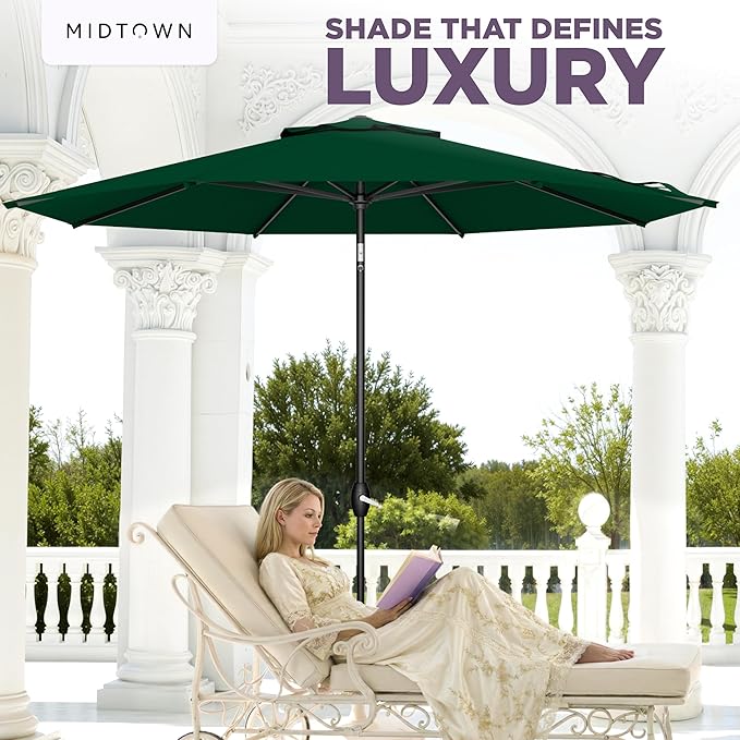 Midtown Umbrellas - The Lean 10 Ft Patio Umbrella with Fade-Resistant Sunbrella Fabric, Auto-Tilt Aluminum Frame and 8 Reinforced Ribs for Deck, Pool & Garden - Forest Green Canopy, Black Pole