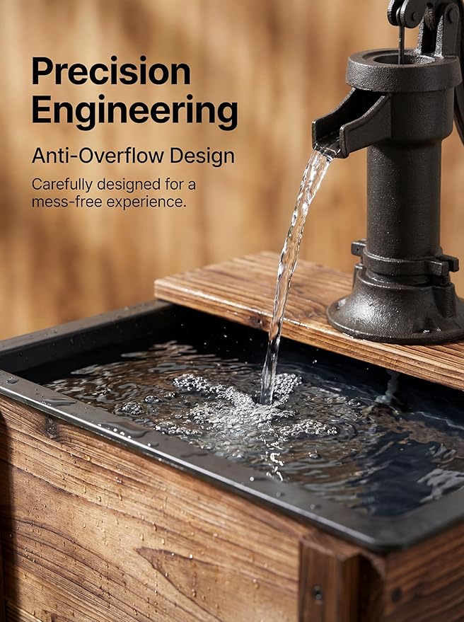 Outdoor Water Fountain，Floor Wooden Rectangular Double-Layer Old-Fashioned Pump Fountain with Flower Box，Plug-in Electric Decorative Hand Pump,Outdoor Water Feature for Garden Patio Backyard