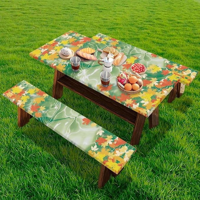 Yellow Flower Picnic Table Cover with Bench Covers Washable Outdoor Camping Tablecloth Summer Abrasion Resistant Waterproof Picnic Table Cover 3 Piece Set