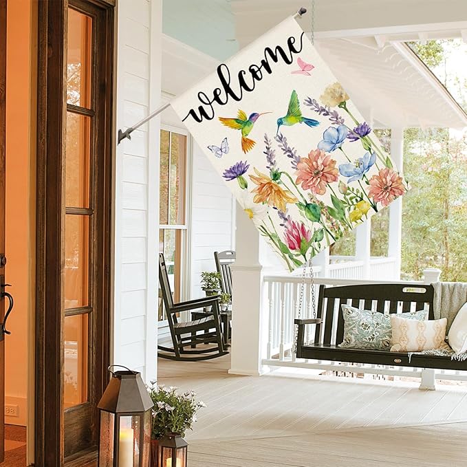 AVOIN colorlife Hummingbird Spring Flowers House Flag 28 x 40 Inch Double Sided, Seasonal Welcome Yard Outdoor Flag