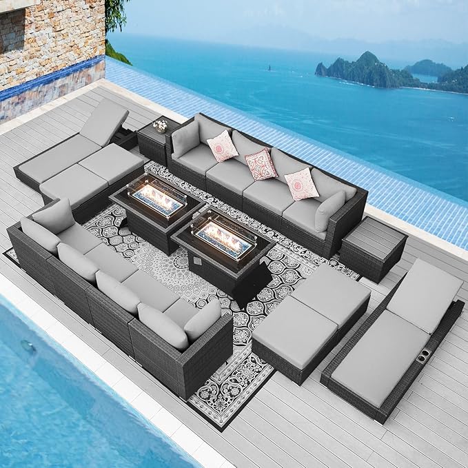 NICESOUL 18 Piece Patio Furniture Set with Fire Pit, Luxury Full Size Patio Sets with Fire and Matching Chaise Loungers, Extra Large 14-Seater Outdoor Seating Sectional Comfy Wide Deep High Back, Grey