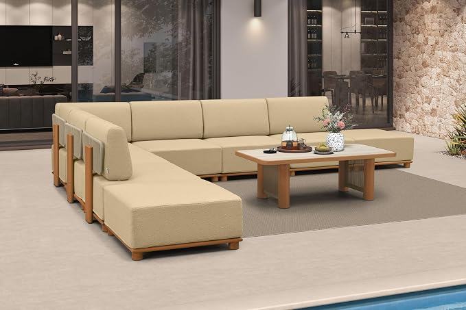 PURPLE LEAF Patio Furniture Set Modular L-Shaped Outdoor Sectional Sofa with 11" Thick Olefin Cushion 9-Piece Outdoor Conversation Set with Ottomans and Table for Backyard Garden Poolside, Beige