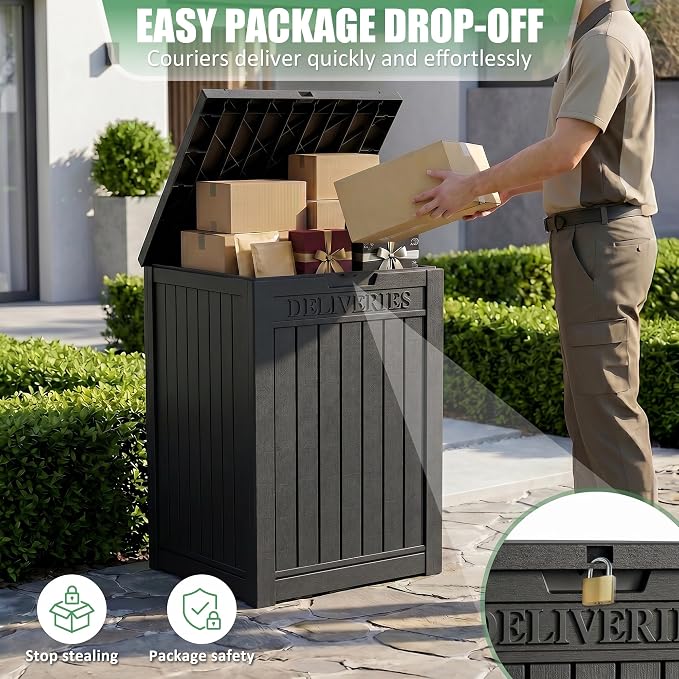 EasyUp Package Delivery Boxes for Outside, 55 Gallon Outdoor Storage Deck Box Parcel MailBox Drop Secure Resin Lockable UV Resistant Waterproof Mail Porch Patio Black