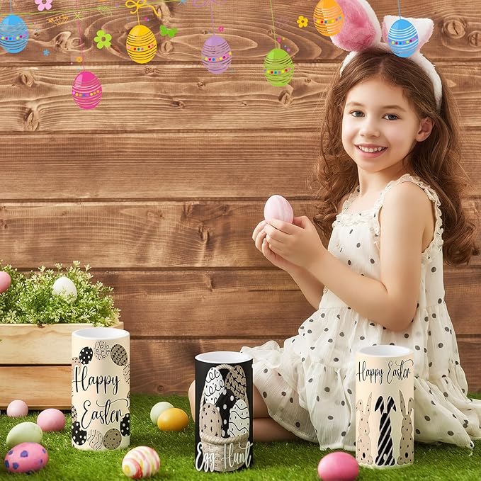 Retisee 3 Pcs Black Brown Easter Flameless LED Candles Battery Operated Bunny Spring Flickering Pillar Candles with Remote Rabbit Easter Centerpiece for Bedroom Living Room Dinner Table Decoration