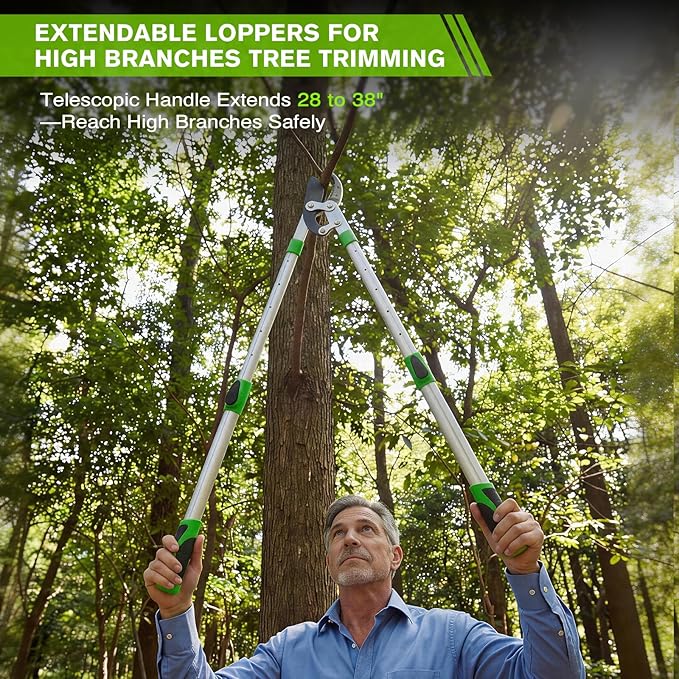 Loppers for Tree Trimming Heavy Duty Extendable Handle,28–38'' Adjustable Tree Branch Cutter & Pruning Shears Set, Garden Tree Trimmer with Compound Action 1.5–2"Cutting Capacity for Plants & Yard