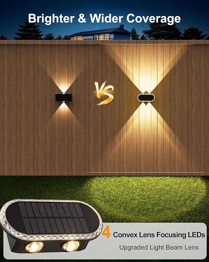 Solar Fence Lights Up Down: Led Solar Wall Lights Outdoor Ip65 Waterproof - 1200mah Dusk-to-Dawn Fence Lighting 3000K 4000K 6000K - Easy Install for Backyard Patio Porch 2-Pack