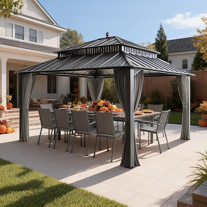 SUNJOY Kingston 14' x 12' Hardtop Gazebo with Galvanized Steel Double Roof, Curtain and Netting, Gray Aluminum Posts Permanent Pavilion Gazebo for Garden, Patio, Deck, Lawn