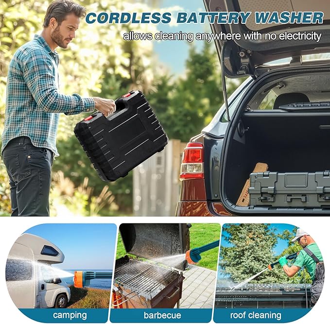 6000mAh Portable Cordless Washer, Brushless Battery Operated, Handheld Car Washer with 6-in-1 Nozzle Battery Charger,Lightweight Washer Cleaning Tool with Foam Pot for Patio Boat Fence