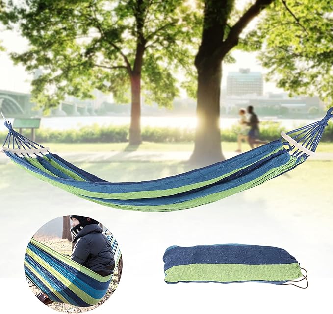 Camping Hammock Lightweight Portable Canvas, 86.6x31.5 Inch, Blue with Color Stripe - Hardwood Spreader Bar, Easy Setup, Ideal for Outdoor Travel and Hiking (Blue)