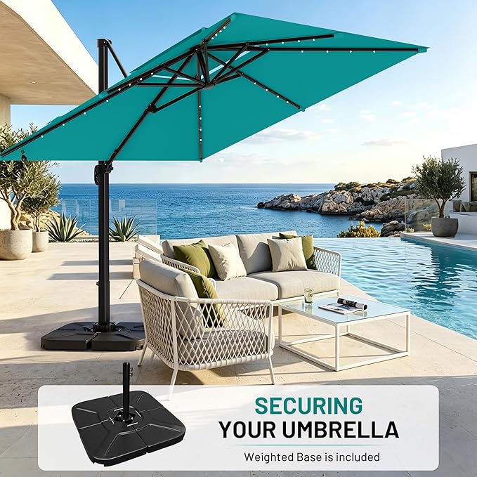 AreShark 10×10FT Solar LED Cantilever Umbrella with Base Included, Double-Top Outdoor Patio Offset with 360 Degree Rotation, Square Offset Hanging Umbrella for Garden Deck Pool, Turquoise Blue