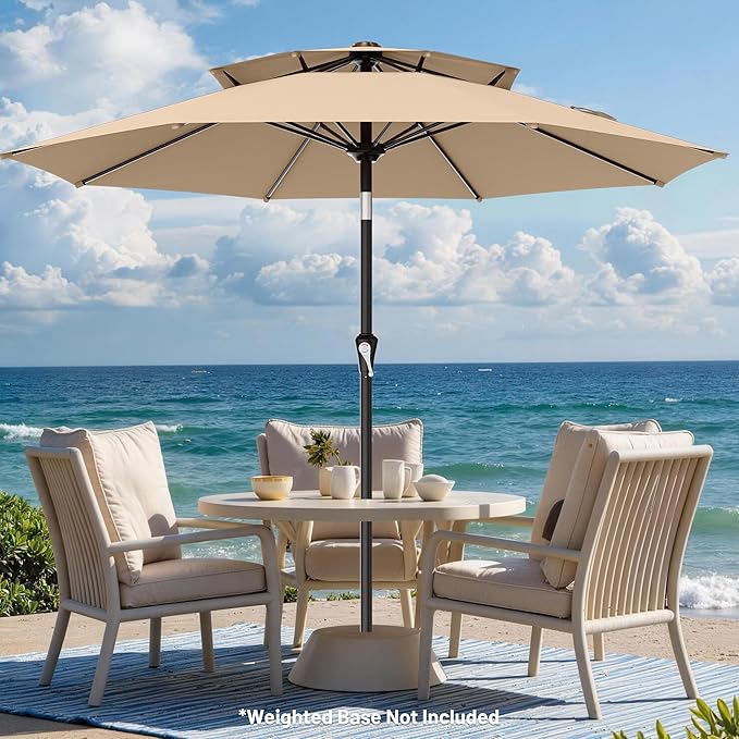 AreShark 10ft 2 Tiers Patio Umbrella - Outdoor Umbrella Waterproof UV Protection, Market Table Umbrella w/Push Button Tilt&Crank for Pool, Porch, Garden(Beige)