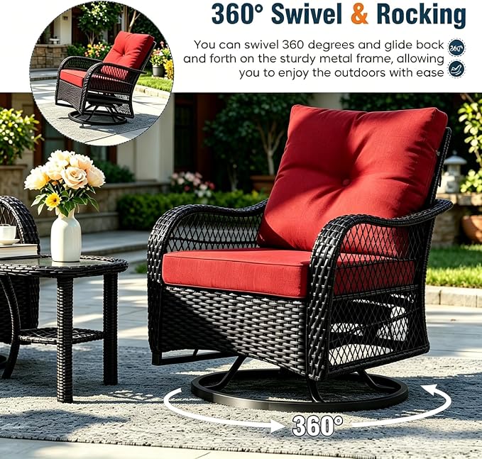 Outdoor Swivel Rocker Patio Chairs with Cushions，Outdoor Swivel Rocking Chairs Set of 2 with Rattan Side Table，360 Degree Swivel Seat Patio Furniture Set for Outside Porch Deck，3 Pieces
